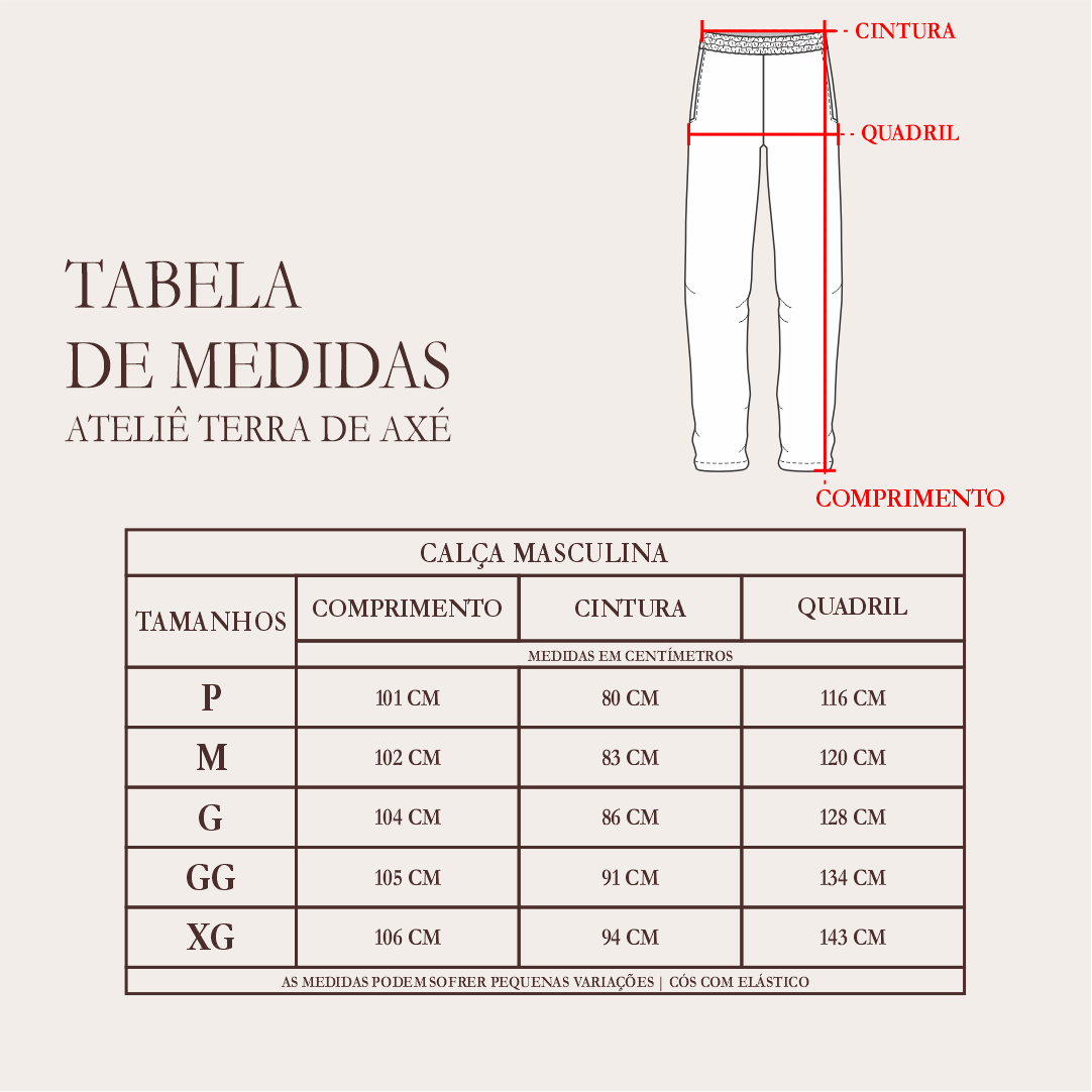 Tabela de Medidas - Calça Masculina Conjunto - Coleção Primeiro Toque