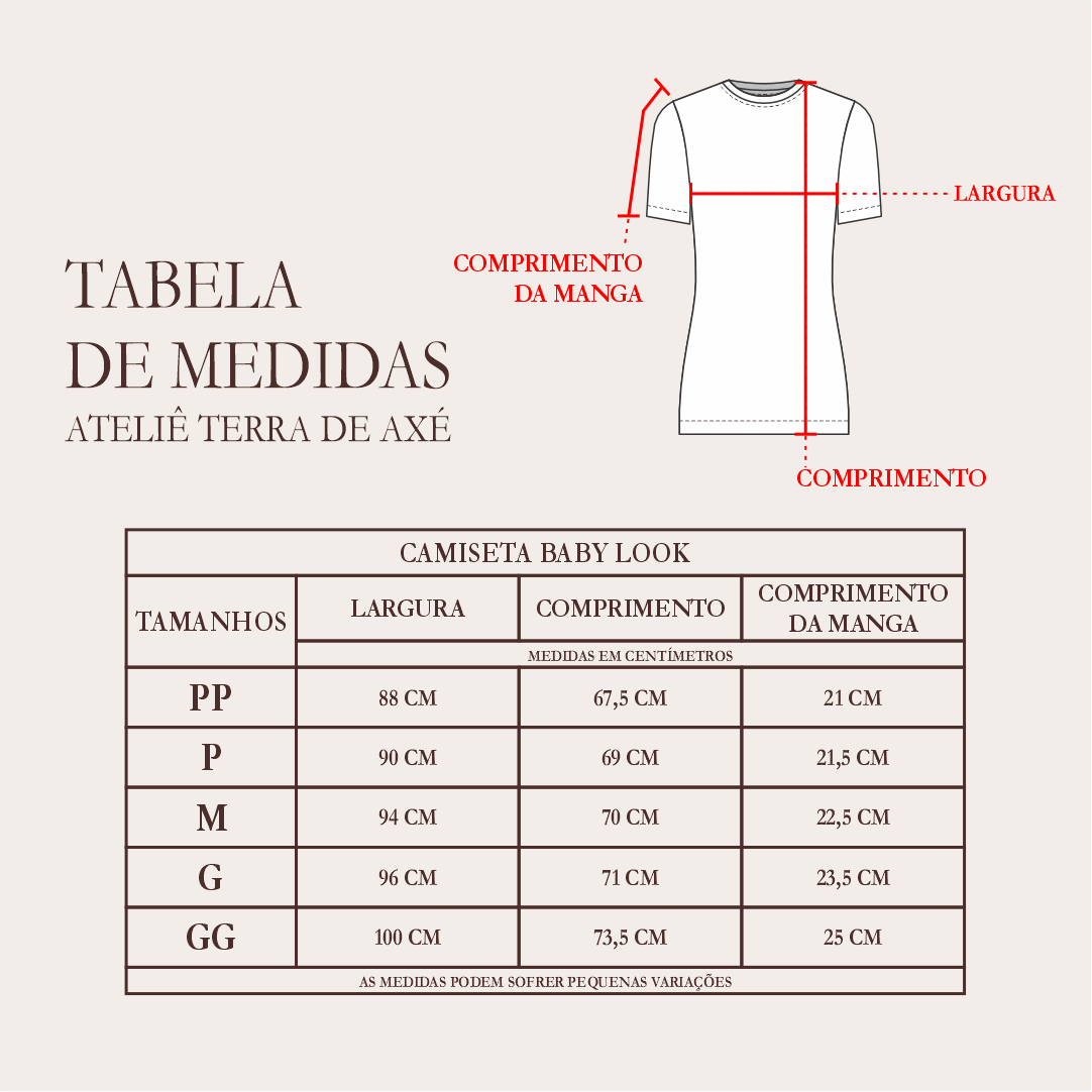 Tabela de Medidas - Camiseta Baby Look Oxum - Coleção Primeiro Toque