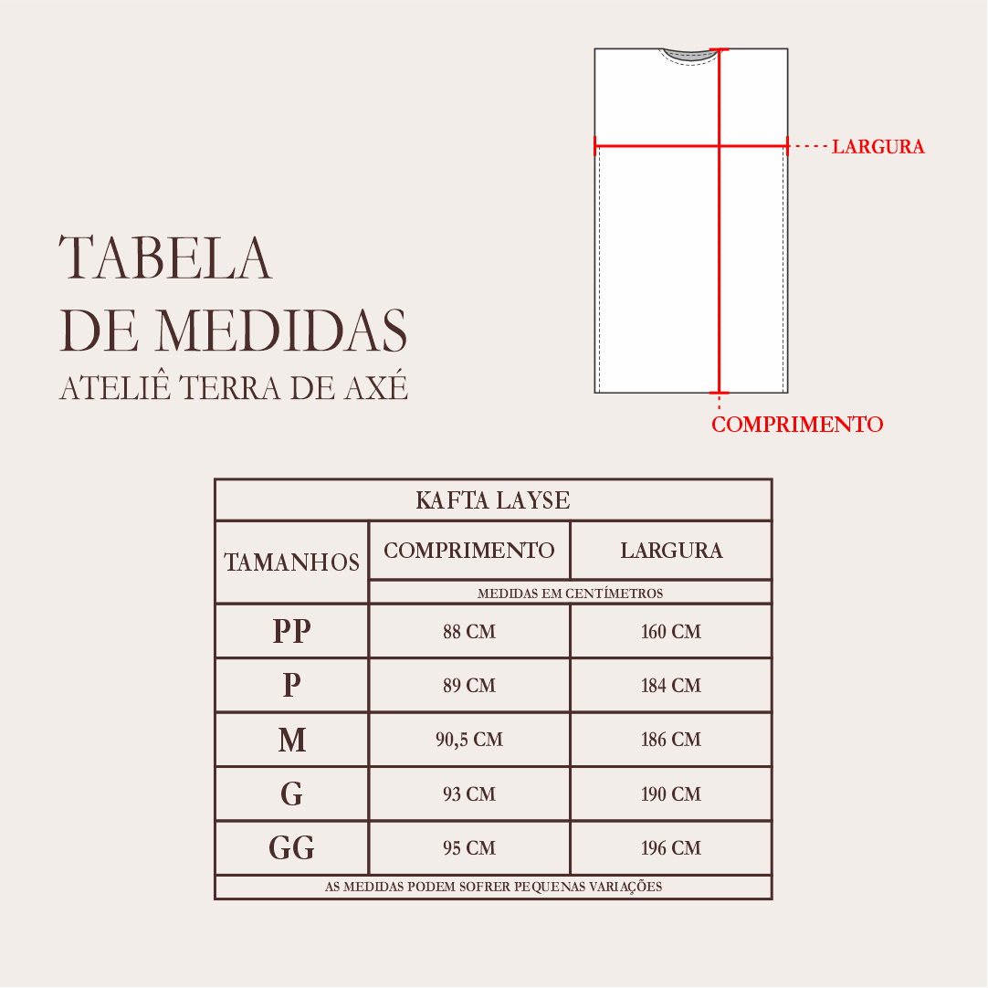 Tabela de Medidas - Kafta Feminina Layse - Coleção Primeiro Toque